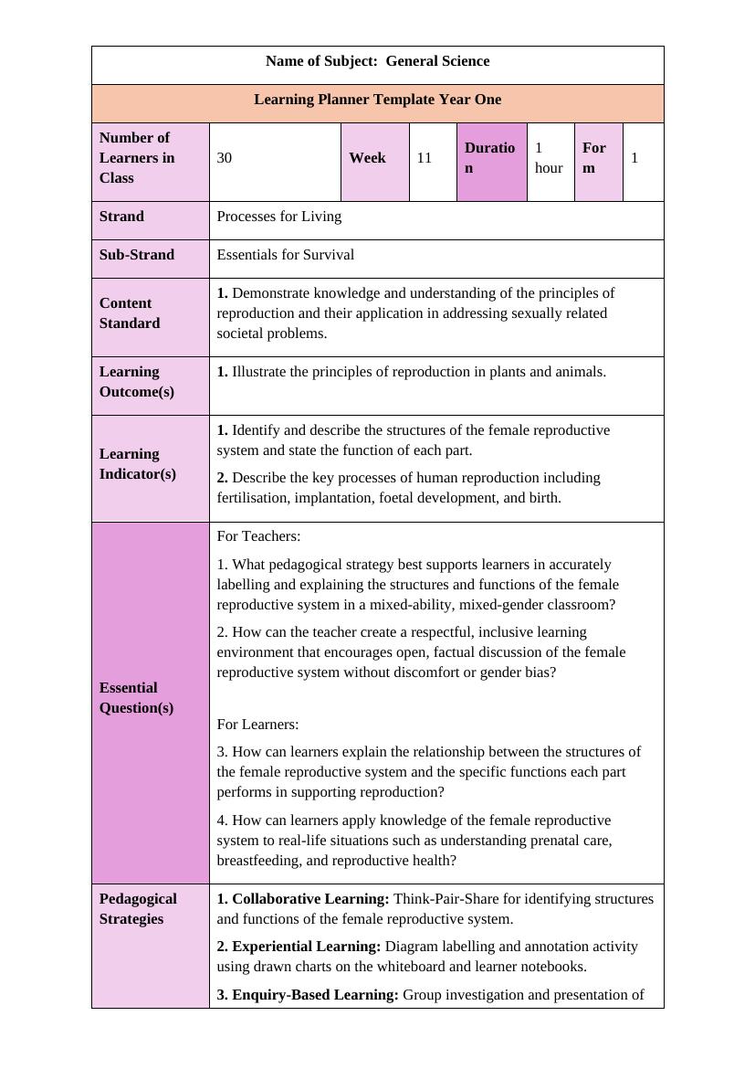 Sample lesson plan generated in the official GES/NaCCA template
